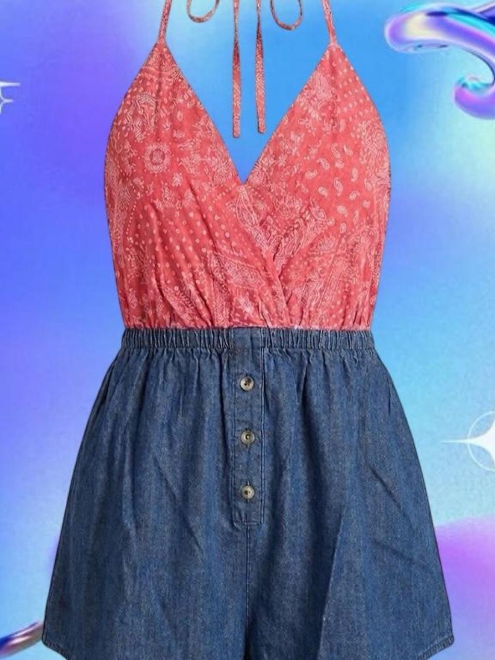 easel Red Paisley Halter Top with Denim Bottom